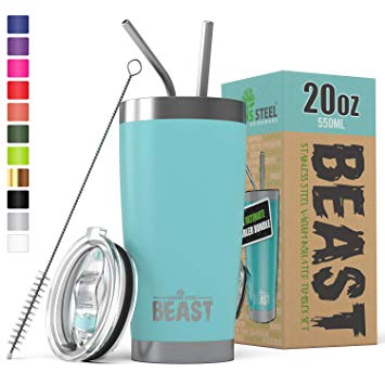BEAST 20oz Tumbler Insulated Stainless Steel Coffee Cup with Lid, 2 Straws, Brush & Gift Box by Greens Steel (20 oz, Aquamarine Blue)