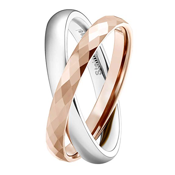 SHINYSO 3MM Tungsten Carbide & Stainless Steel Crossing Rings Two-Tone Interlocked High Polished Wedding Band for Women