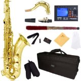 Mendini by Cecilio MTS-L92D Gold Lacquer B Flat Tenor Saxophone with Tuner Case Mouthpiece 10 Reeds and More
