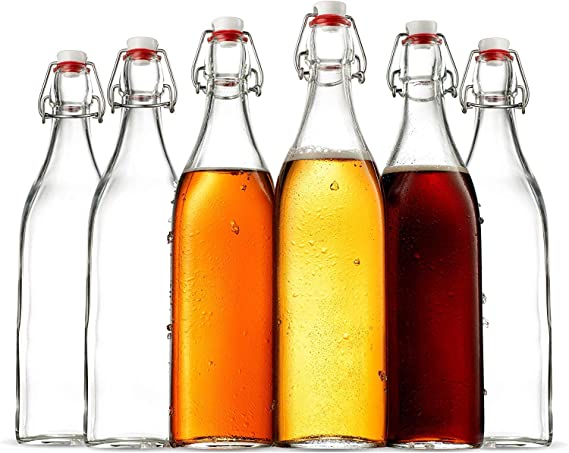 Swing Top Clear Glass SQUARE Bottle With Airtight Stopper - 33.75 oz (6 Pack) Fliptop Bottles Great for Oil and Vinegar, Beverages, Homemade Juices, Smoothies, (Not For Carbonated Beverages)