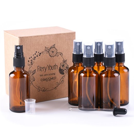 Fiery Youth Amber Glass Spray Bottles, 6 Bottle Set, 2 oz (50ml), for Various Dilutions of Liquid, with Plastic Black Fine Mist Sprayers, Dust Caps and Glass Dropper