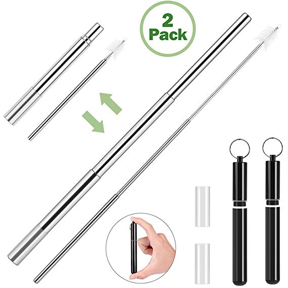 2 Pack Reusable Telescopic Straws, Collapsible Metal Drinking Straws with Case, Portable Travel Stainless Steel Straws for Drinks with 2 Folding Cleaning Brush, 2 Silicone Tips, 2 Black Cases
