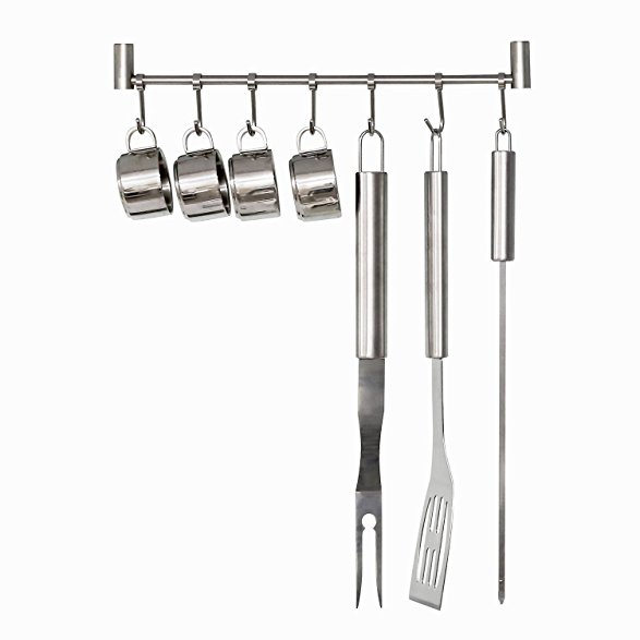 HOMFA Kitchen Rail Rack Wall Mounted Utensil Hanging Rack Stainless Steel Hanger Hooks for Kitchen Tools, Pot, Towel (7 Sliding Hooks)