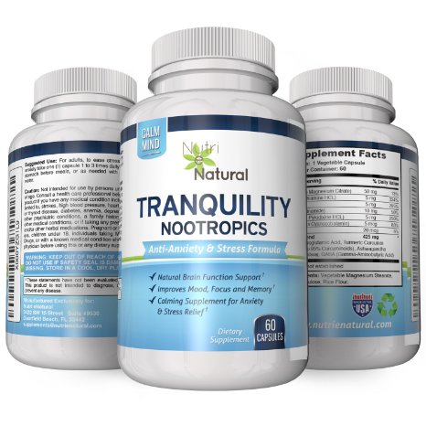 PREMIUM TRANQUILITY ANTI ANXIETY AND ANTI STRESS FORMULA, Natural Brain Function Booster Nootropics Supplement to Ease Stress and Reduce Anxiety - Improved Mood, Better Mental Clarity and Focus
