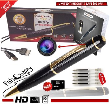 FabQuality Hidden Camera Pen Gold Spy Pen Camera TRUE VIDEO RESOLUTION 1280 x 720P HD   FREE 16GB MICRO Card   BONUS 5 INK FILLS Included, HD Video Camera & Image Recording - Record in 1280x720 HD