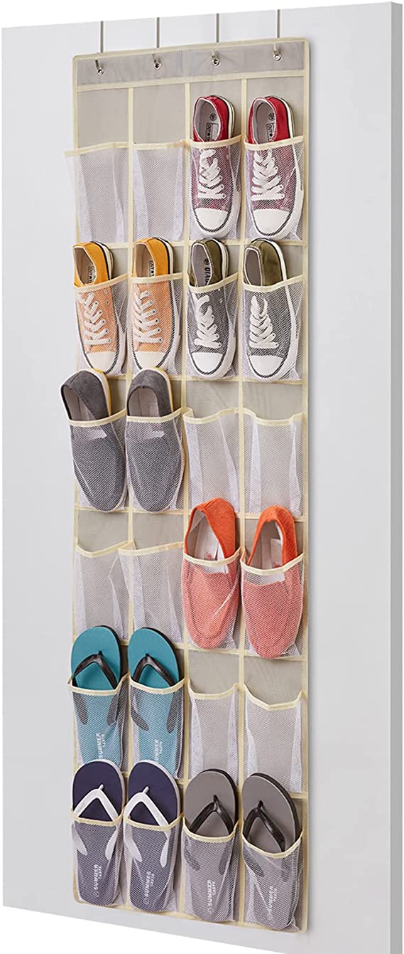 Lifewit Over The Door Hanging Shoe Organizer 24 Mesh Pockets Hanging Shoe Racks Holders Behind Door with 4 Metal Hooks Doors Shoe Storage Pockets for Closet Door for Men Women Kids, Light Grey, Medium