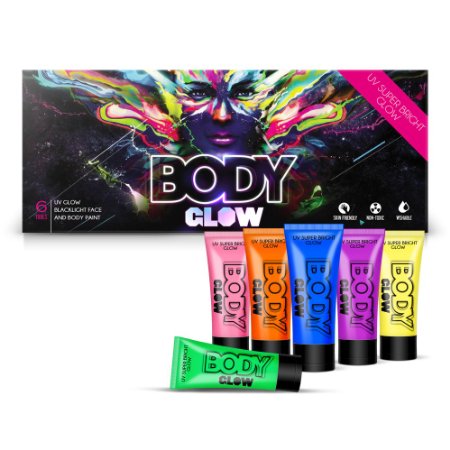 BodyGlow Premium UV Black-Light *Super-Bright* Body Paints. 100% Skin-Friendly, Washable, Non-Toxic (0.34 oz x 6 Bottles)