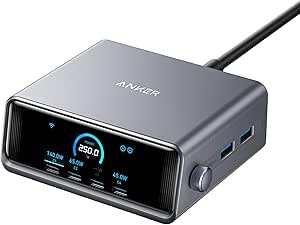 Anker Prime 250W USB-C Ladegerät, Ultra-schnelle 6-Port GaN Ladestation, 2,26" LCD-Display und Smart Control Regler, kompatibel mit MacBook Pro/Air, iPhone 15/14/13, Pixel, Galaxy, Apple Watch & mehr