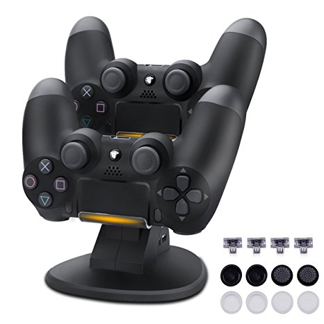 Lasuavy DualShock 4 Dual Charging Station - PS4 Controller Charger Dock with 4 Micro USB Charging Dongles & 2 Extra USB Ports - 8 Thumb Grips for Joysticks Included - Black