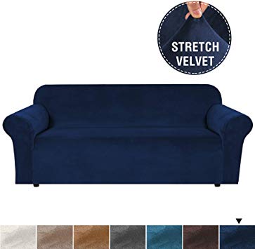 Modern Velvet Plush Slipcover for Extra Size Sofa High Stretch Rich Plush Sofa Cover Stylish Plush Fabric Super Soft Furniture Cover / Protector with Elastic Straps for 4 Seater(X-Large, Navy)