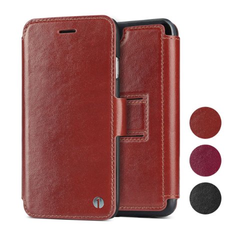 1byone Genuine Leather Wallet Stand Folio Case with Card Slot for iPhone 6 / 6s, Brown
