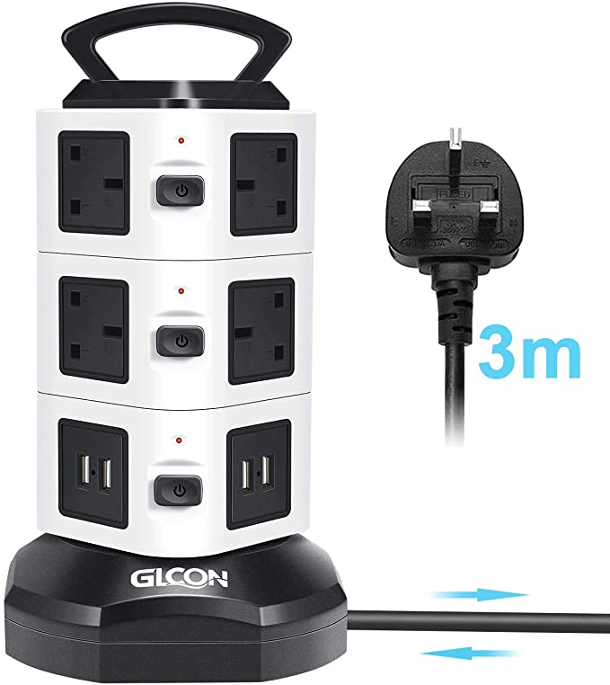 GLCON Tower Power Strip with USB (4 pcs 5V 3.1A) Extension Lead Surge Protector 10 Way Outlets 3M / 9.8ft Multi Plug Individual Switches Electric UK Plug Vertical Socket, Black