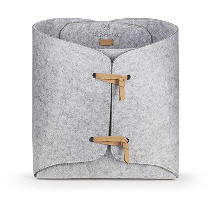 Kasefox Felt Storage Bin - Natural Tan Suede Ties - Premium Grey Felt Organizing Basket - Square Fabric Organizer for Home, Office, Nursery, Toys, Dorm, Closet – Fits in Cube Storage Shelves - Medium