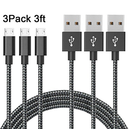 AOFU Micro USB Cable,3Pack 3FT Nylon Braided High Speed 2.0 USB to Micro USB Charging Cables Android Charger Cord for Samsung Galaxy S7 Edge/S6/S5/S4,Note 5/4/3,HTC,LG,Tablet and More(Black White)