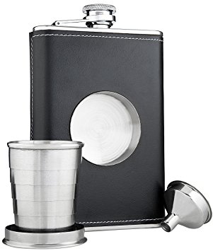 Shot Flask - 8oz Flask with a Built-in Collapsible Shot Glass & Flask Funnel - Stainless Steel - Premium Leather Wrapping (Black Leather)
