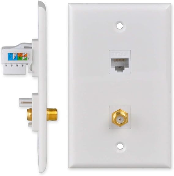Conwork Ethernet & Coax Wall Plate - Cat6 Coax Keystone Wall Plate with 1 Punch Down Ethernet Port   1 TV Coax Cable/F-Type Inserts Connector (1-Pack)
