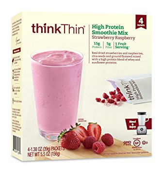 thinkThin High Protein Smoothie Mix, Strawberry Raspberry, 1.38 oz Packet (4 Count)