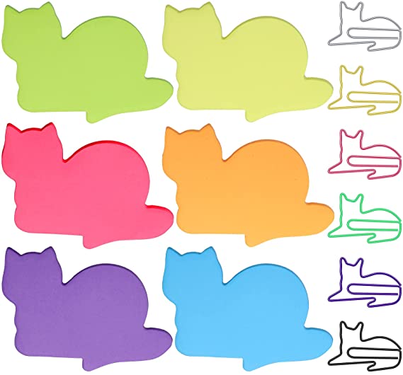 180 Pieces Cat Sticky Notes and 6 Color 60 Pieces Cat Paper Clips Set,Funny Cat Gifts for Cat Lovers,Cute Cat Office School Supplies Stationery for Kids Girls Women