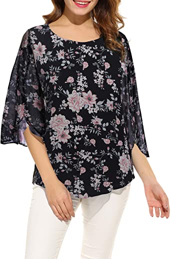 ACEVOG Womens Casual Scoop Neck Loose Top 3/4 Sleeve Chiffon Blouse Shirt Tops