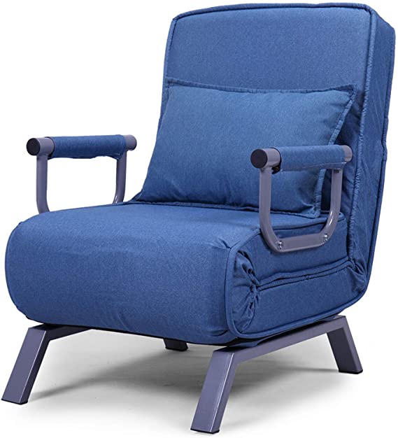 Convertible Sofa Chair Bed Sleeper, 5 Position Recliner Single Folding Arm Chair Sleeper with Pillow, Full Padded Lounger Couch Bed with Detachable Armrest Cover, Blue