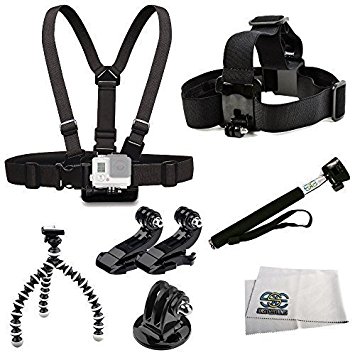 Accessory Kit Includes Chest Mount   Head Mount   2 J-Hooks Mounts   Selfie Monopod   Gripster   Tripod Adapter   Microfiber Cleaning Cloth for GoPro HERO4 Session, HERO4, HERO3 , HERO3 (Black, Silver & White), HERO & HERO  LCD