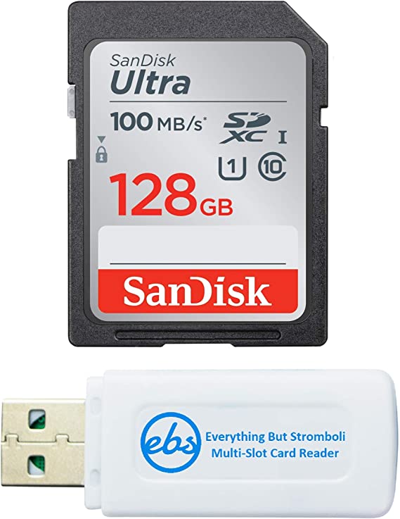 SanDisk 128GB SDXC SD Ultra Memory Card Works with Canon Powershot SX720 HS, SX730 HS, SX740 HS Camera UHS-I (SDSDUNR-128G-GN6IN) Bundle with (1) Everything But Stromboli Combo Card Reader