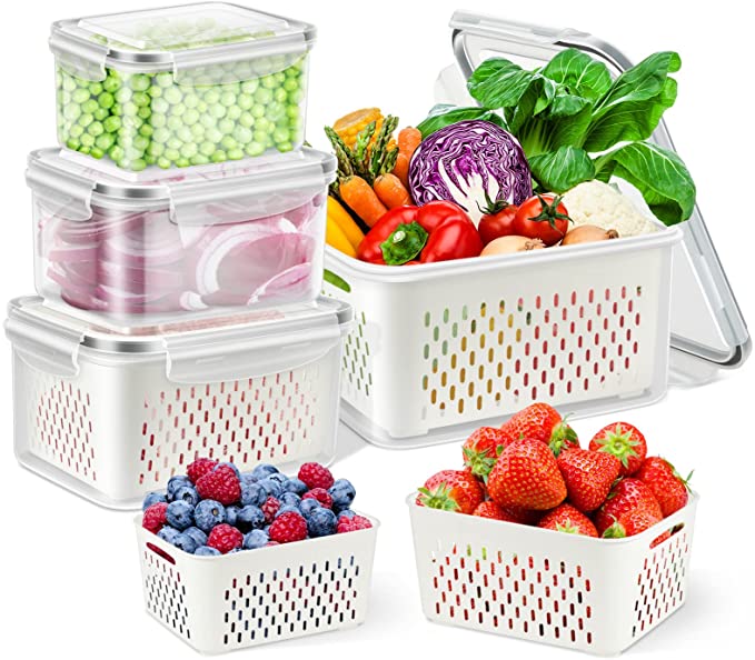 TBMax Fruit Vegetable Storage Containers for Fridge - 4 Pack Large Capacity Produce Saver Containers Refrigerator Organizer Bins, BPA-Free Plastic Produce Keepers with Lid & Colander for Salad Berry Lettuce Storage