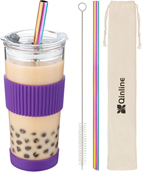 Boba Cup Reusable Bubble Tea Cup Smoothie Cups, 24Oz Glass Boba Tumbler with Lids & 2 Angled Straw, Silicone Sleeve, Leakproof Drinking Bottle Juicing Travel Mug for Large Pearl Coffee Christmas Gifts