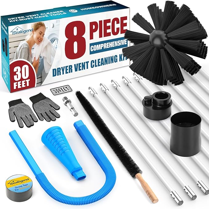 Sealegend 8-Pieces Dryer Vent Cleaning Kit Omnidirectional Dryer Cleaner - Includes 30 Feet Vent Brush, Blue Dryer Lint Vacuum Attachment & Dryer Lint Trap Brush, Vacuum & Dryer Adapters, Tape, Gloves