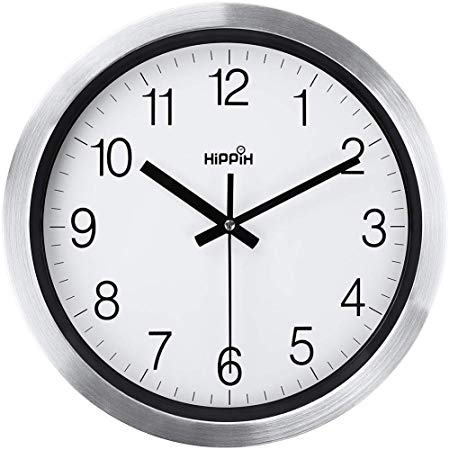HIPPIH Wall Clocks Battery Operated Non Ticking, 12 in Modern Silver Decorative Silent Metal Wall Clock, Contemporary Wall Decor for Kitchen, Living Room, Bathroom, Bedroom, Office, Classroom