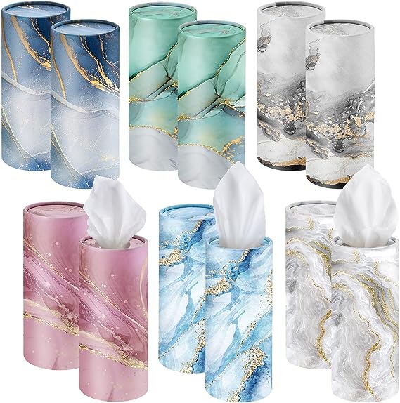 Outus 12 Pcs Car Tissues Boxes Marble Print Car Tissues Cylinder Round Car Tissue Holder with Facial Tissues for Car Napkins Travel Cup Holder Round Container