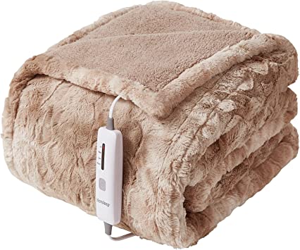 Hansleep Heated Blanket Electric Blanket Throw - Faux Fur Heating Blanket Super Cozy with 4 Heating Levels 4 Hours Auto Off, Sherpa Electric Throw Machine Washable, Camel, 50 x 60 Inches