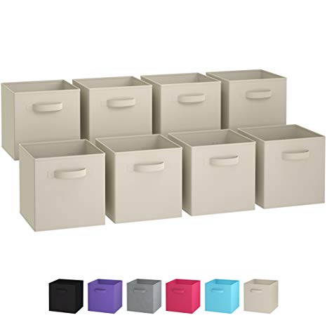 Royexe Set of 8 Foldable Fabric Storage Cubes | Collapsible Cloth Organizer Baskets Containers | Folding Nursery Closet Drawer Bins | Features Dual Handles (Beige)