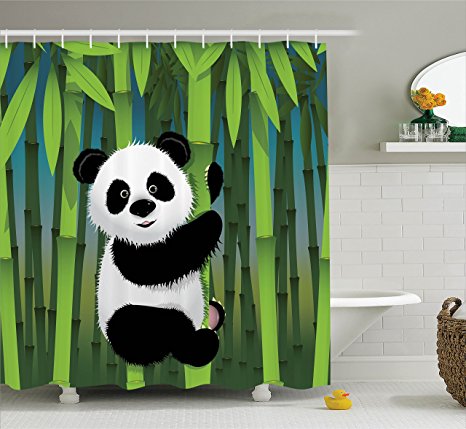 Ambesonne Cartoon Decor Collection, Curious Baby Panda on Stem of the Bamboo Bear Jungle Nature Wood Design Pattern, Polyester Fabric Bathroom Shower Curtain, 75 Inches Long, Green Blue Black White