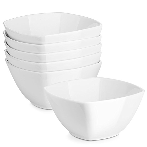 DOWAN 27 Ounce Porcelain Square Cereal Bowls - Set of 6, White