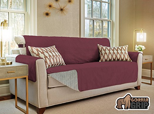 The Original GORILLA GRIP Non-Slip Furniture Protector, Suede-Like Material, Slip Reducing Backing, Two 2" Thick Straps, and Two Seat Anchors (Sofa: Burgundy)