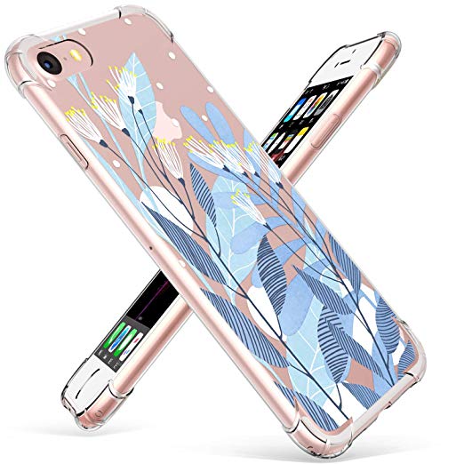 iPhone 7 Case, iPhone 8 Case, GVIEWIN Clear Soft TPU Silicone Ultra-Thin Slim Fit Transparent Flowers Flexible Cover Non-Slip Perfect Grip for iPhone 7, iPhone 8 (Blue Water Flora)