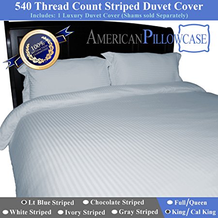 American Pillowcase - King / California King Bed Striped Duvet Cover - 100% Egyptian Cotton, 540 Thread Count With Wrinkle Guard (Color: Light Blue)