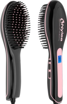 Nylea Hair Straightener Brush - Best Electric Ceramic Heating Straightening for Women - Anti Scald Static Detangling and Silky Straight Black with Pink