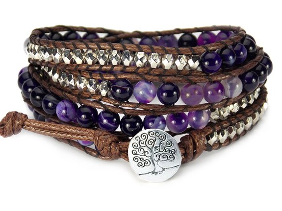 Tree of Life Bracelet Purple Agate Beaded Wrap Jewelry