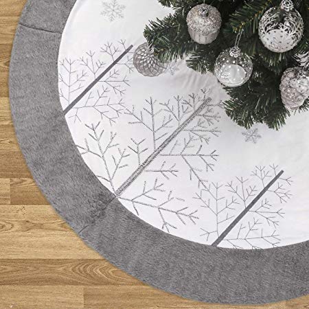 Valery Madelyn 48 inch Frozen Winter Silver White Velvet Christmas Tree Skirt with Embroidered Christmas Tree and Faux Fur, Themed with Christmas Ornaments (Not Included)