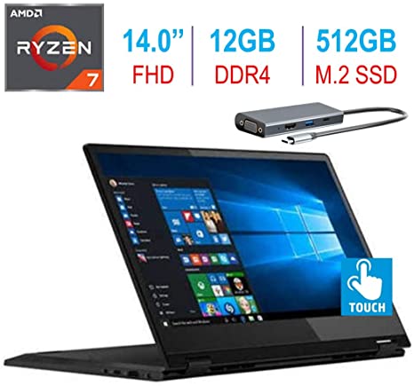 Lenovo Flex 14-inch 2-in-1 Touchscreen FHD IPS Laptop PC, AMD Ryzen 7 2.3GHz Processor, 12GB DDR4, 512GB M.2 PCIe NVMe SSD, Fingerprint Reader, Backlit Keyboard, Windows 10 Home w/Type-C Hub