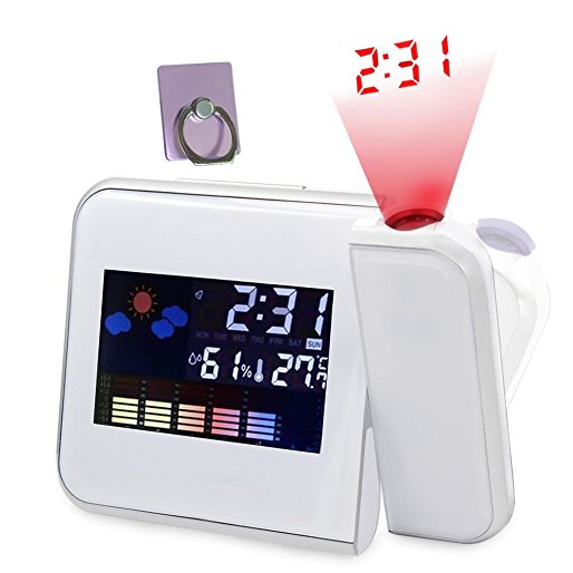 Electronic Clocks Digital Projection Alarm Clock Desk Weather LED Backlight with Temperature Humidity Calendar Display for Night Powered by Battery or USB Gift Ideas White Rotating Free Phone Stand