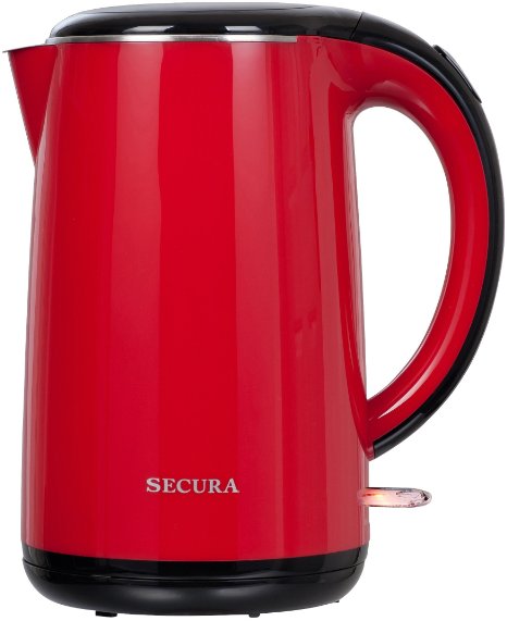 Secura 1.8 Quart Stainless Steel Electric Water Kettle Double Wall Cool Touch Exterior (Red)