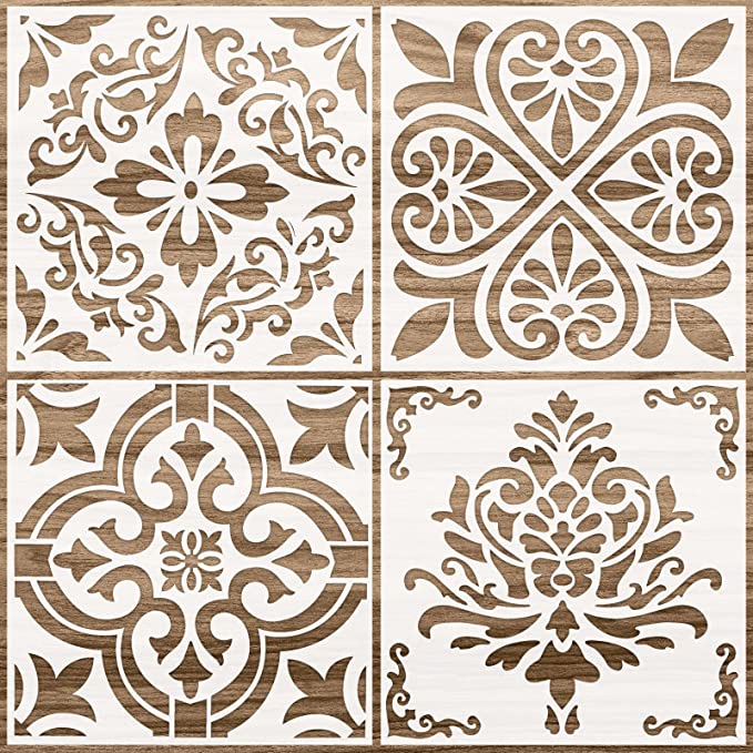 4 Pieces Reusable Tile Stencil 12 x 12 Inches Wall Templates Tile Pattern Stencil Drawing Templates for DIY Scrapbooks Wall Floor Home Decors (Flower Style)