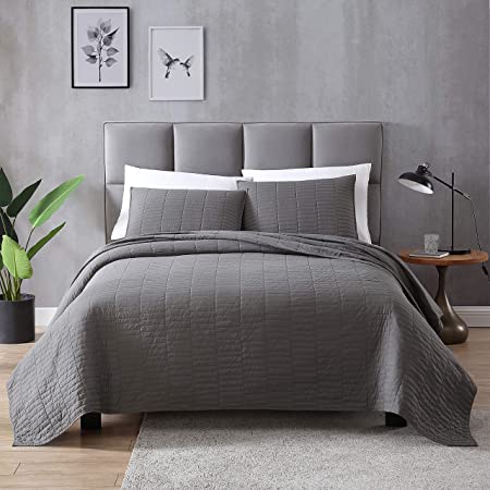 EXQ Home Quilt Set Full/Queen Size Grey 3 Piece,Lightweight Microfiber Soft Coverlet Modern Style Stitched Quilt Pattern Bedspread Set for All Season(1 Quilt,2 Pillow Shams)