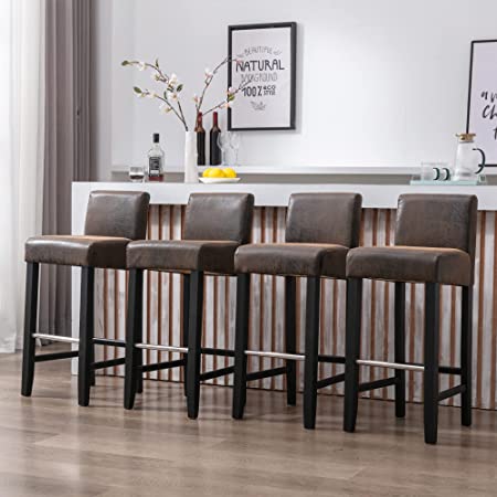 ONME Bar Stools Set of 4, Brown Fabric and Black Wood Finish Counter Height Bar Stools with Footrest, Modern Bar Chair for Kitchen Island, Dining Room, Cafe, Capacity 280LBS Brown