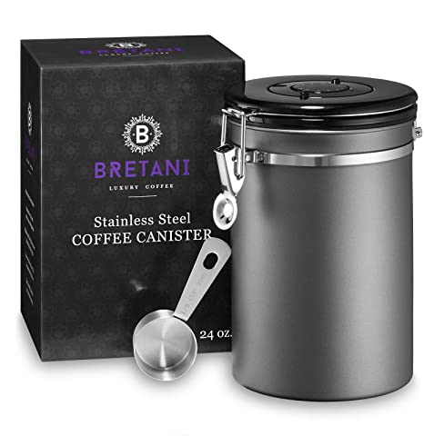 Bretani 24 oz. Stainless Steel Coffee Canister & Scoop Set - Large Airtight Kitchen Storage Container for Storing Beans & Grounds - Dark Gray