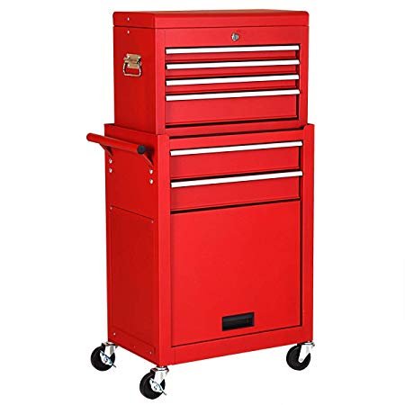 Goplus 6-Drawer Rolling Tool Chest Removable Tool Storage Cabinet with Sliding Drawers, Keyed Locking System Toolbox Organizer (Red)