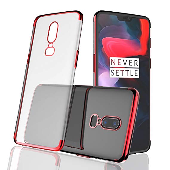 OnePlus 6 Case TPU Silicone Transparent Ultra Thin Shockproof Anti-scratch Frame Bumper Crystal Clear Back Protective Slim Cover for OnePlus 6(Red)